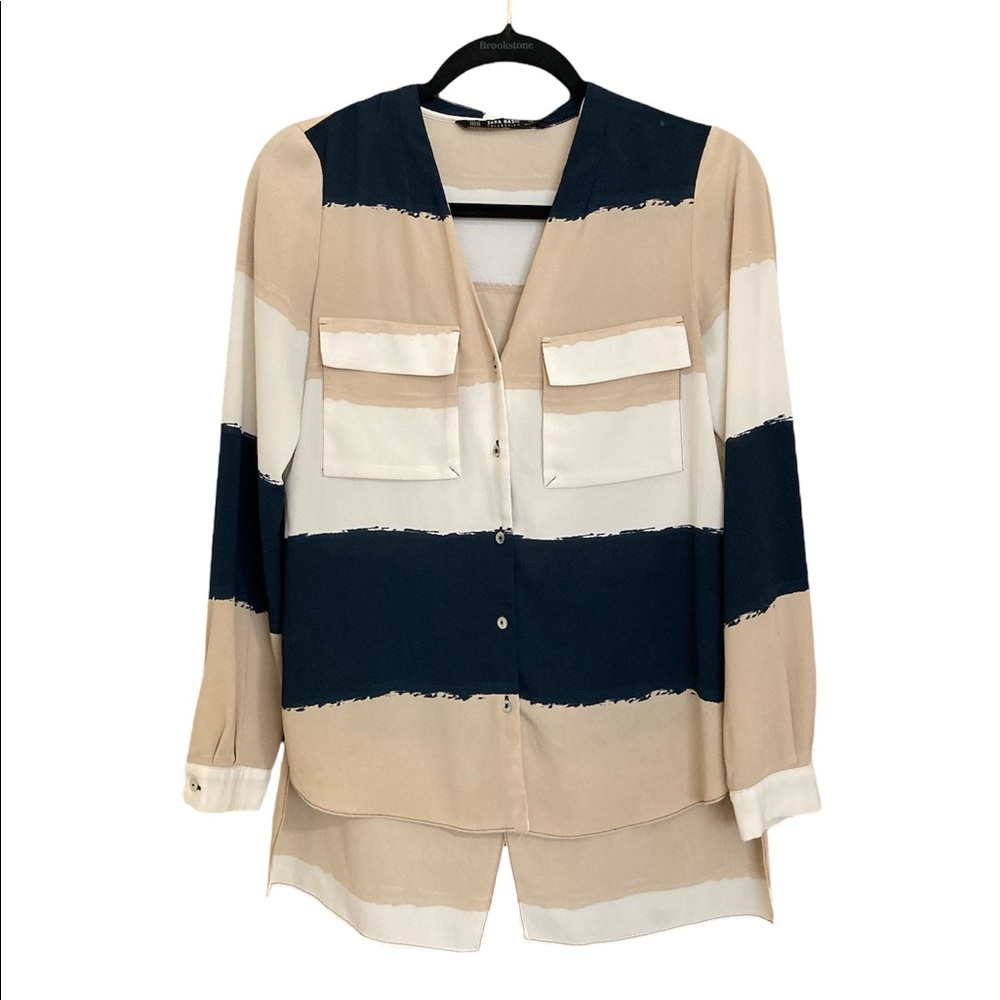 ZARA Basic chiffon blue tan long sleeves striped button down shirt top blouse